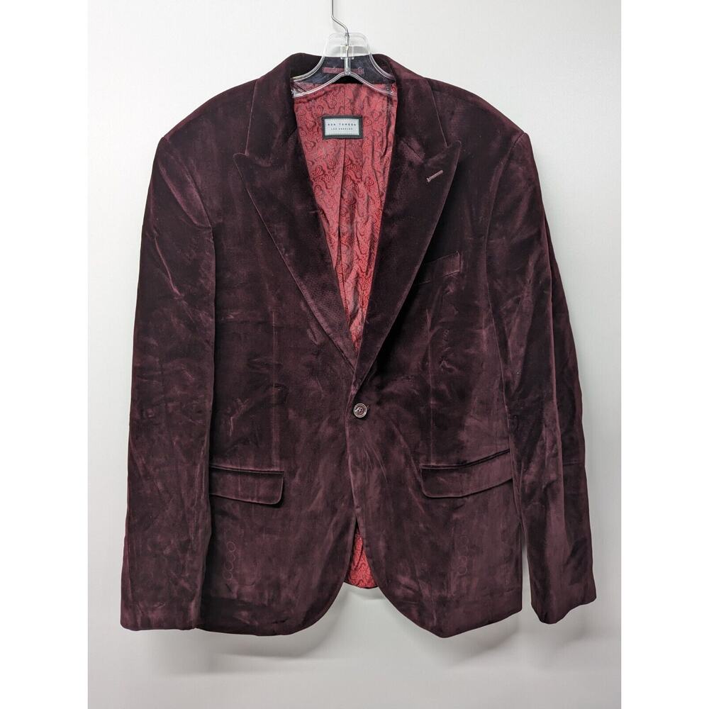Ron Tomson Mens Blazer Italian Velvet Kennedy Peak Lapel Burgundy Jacket Size 46